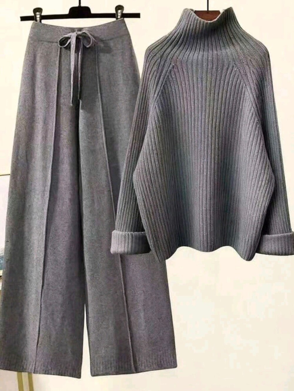 Women's Gray Winter Casual Elegant Lounge Knit Sweater Set,Ribbed Texture
